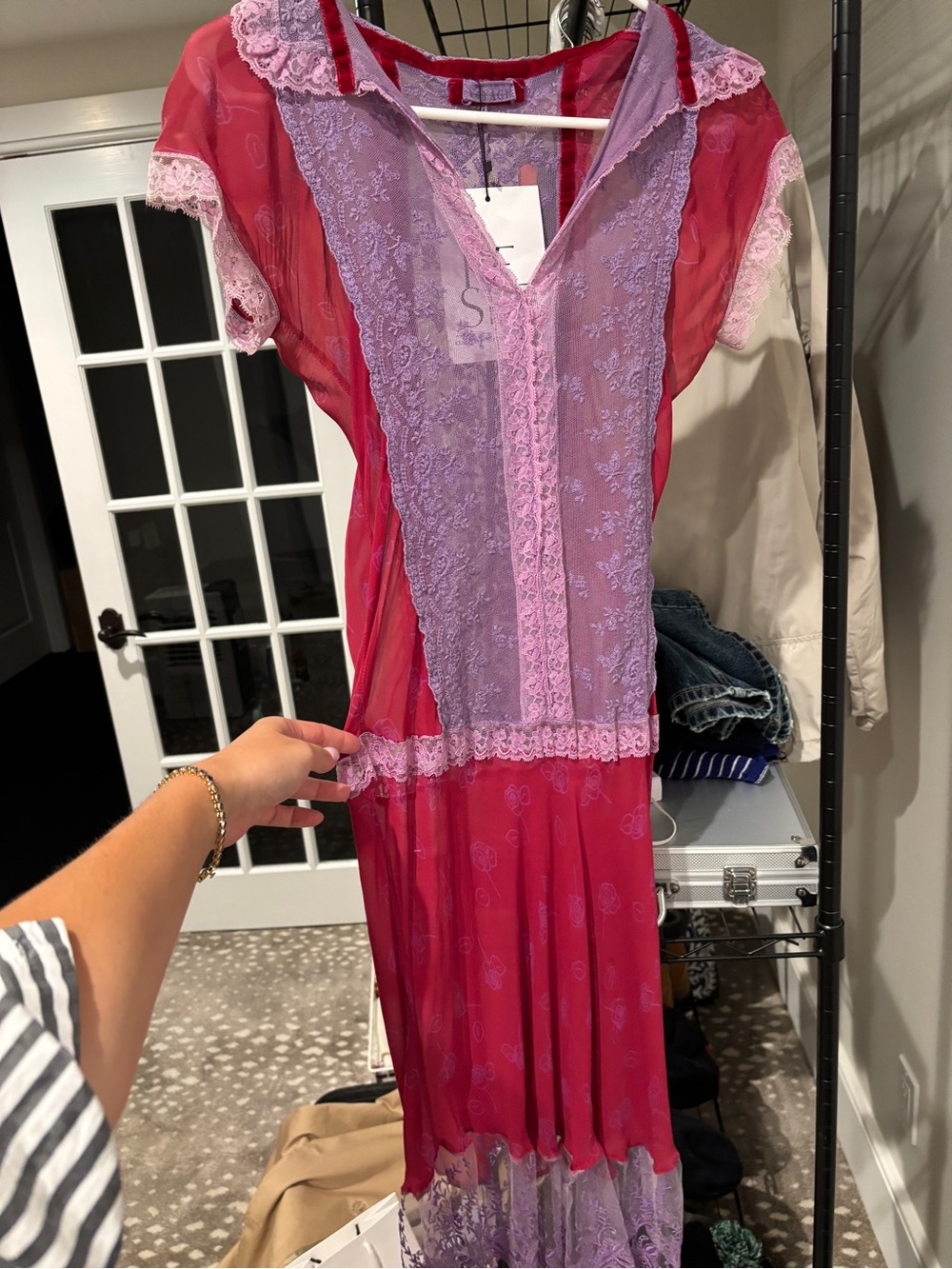 Sheer Pink and Lilac Lace Midi Dress - Women
